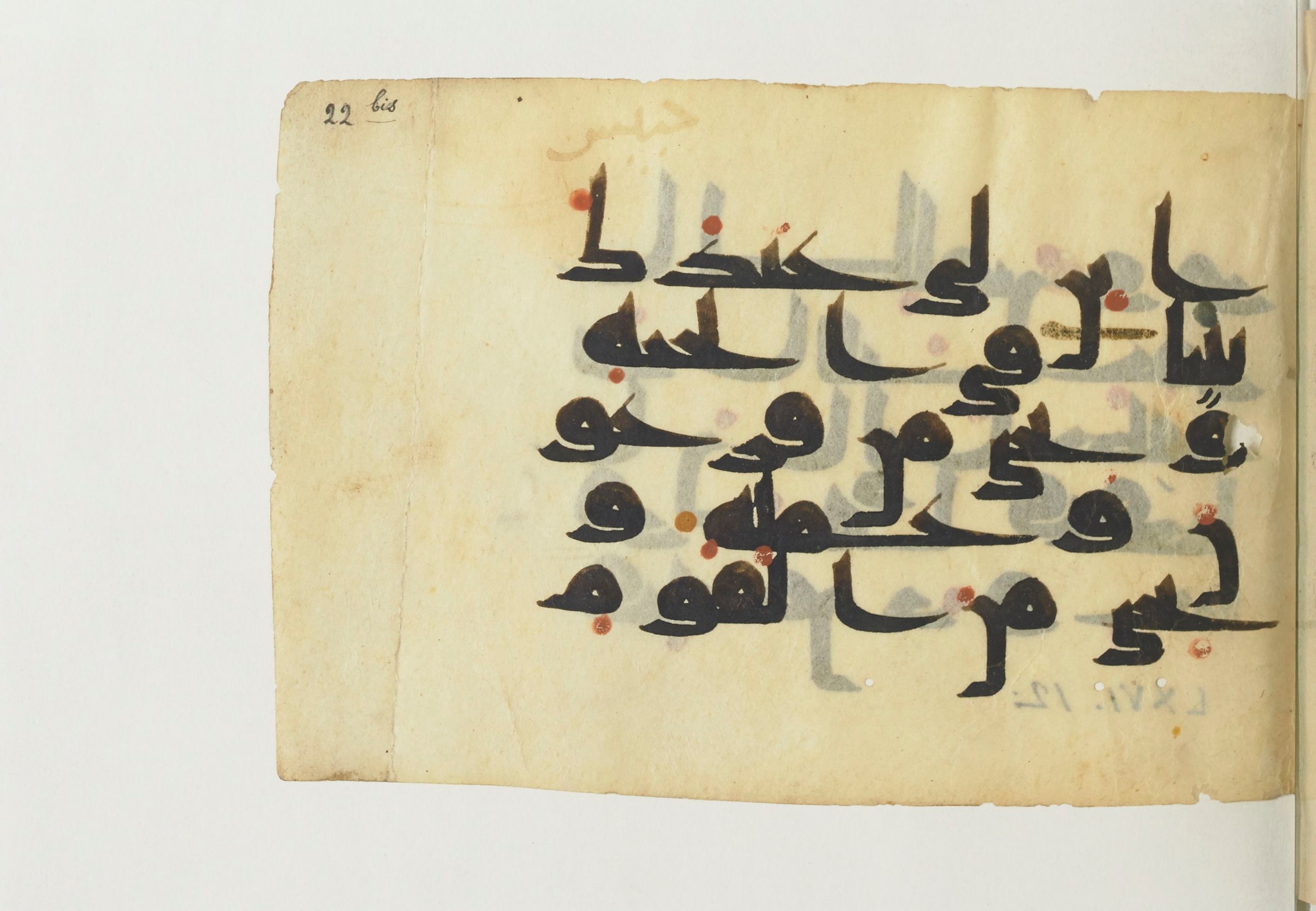 Paris, Bibliothèque nationale de France, Arabe 366 (c) (Scan 1), in Kufic D.V.a script, showing Surah 66:11 from Mid 8th to Late 10th Century AD found in Fustat (Old Cairo), Egypt, currently housed at Bibliothèque nationale de France, Paris